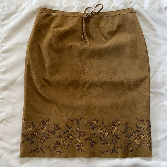 Y2K EXPRESS Leather Pencil Skirt Floral Hem, sz 5/6 western Cowgirl Boho Tan - Picture 1 of 9